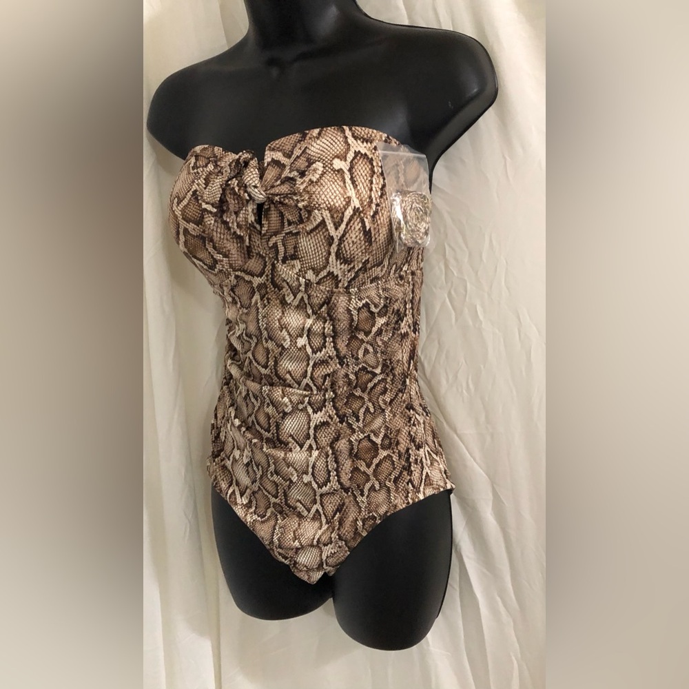 Tan multi Snakeprint convertible bust tie strapless swimsuit size medium new